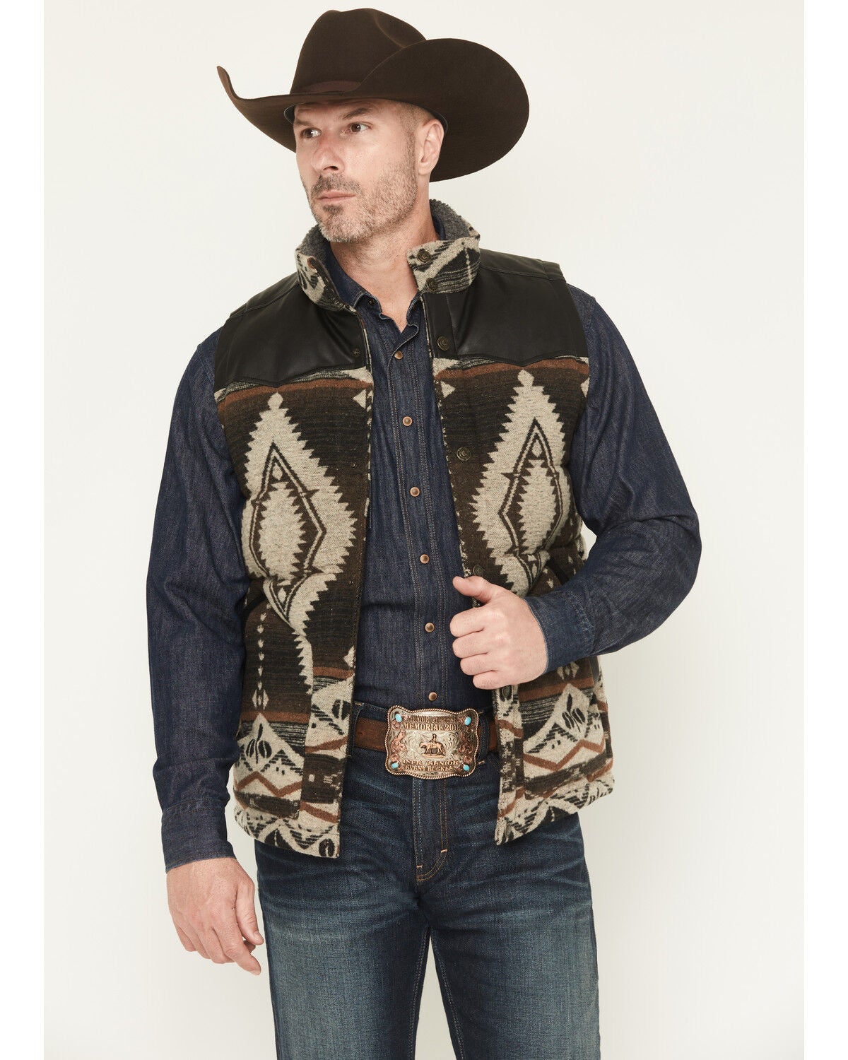 Cody James Men's Southwestern Print Flannel Insulated Vest, Dark Brown, hi-res