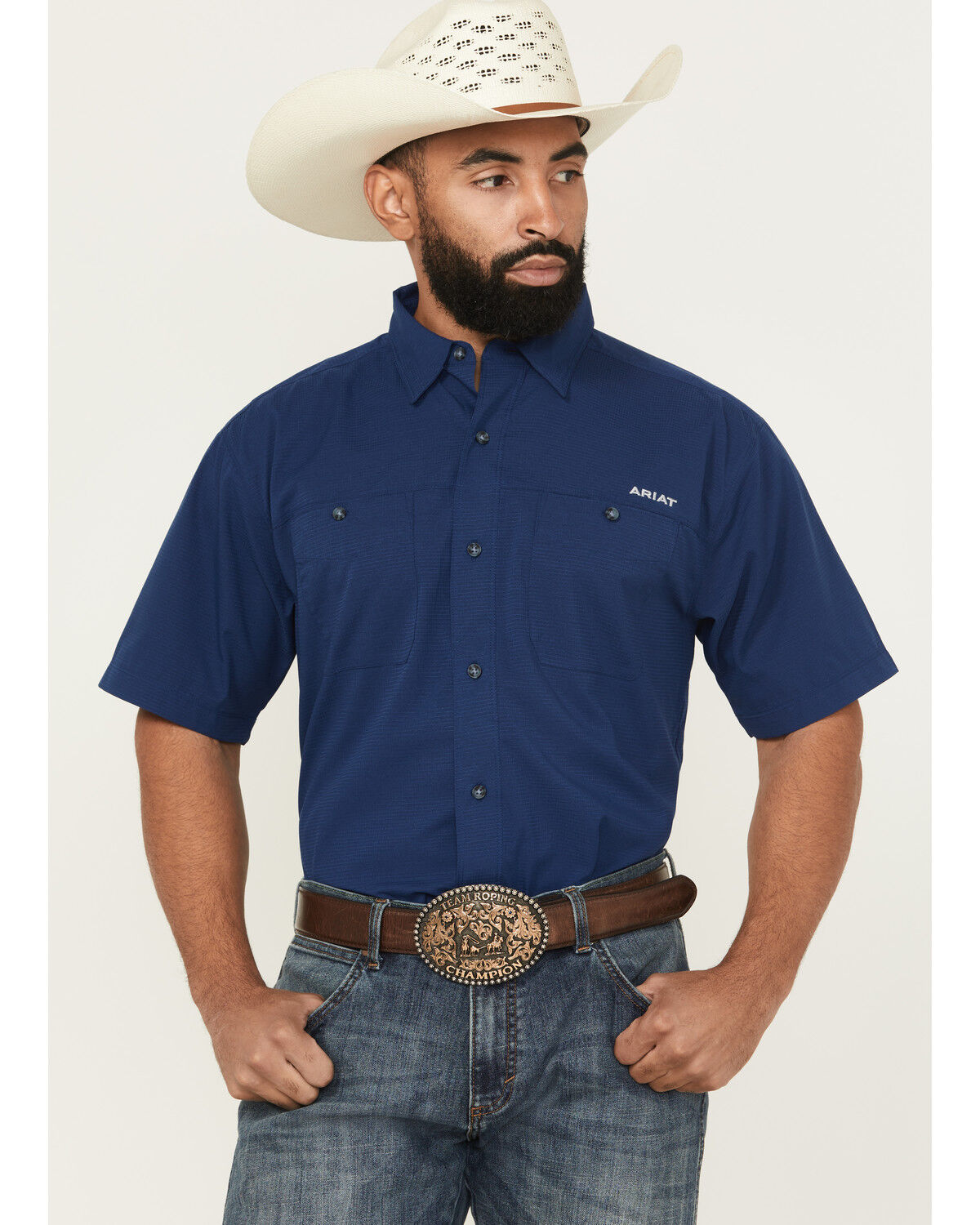 Image #1 - Ariat Men's 360 Solid Short Sleeve Button-Down Performance Shirt, Dark Blue, hi-res