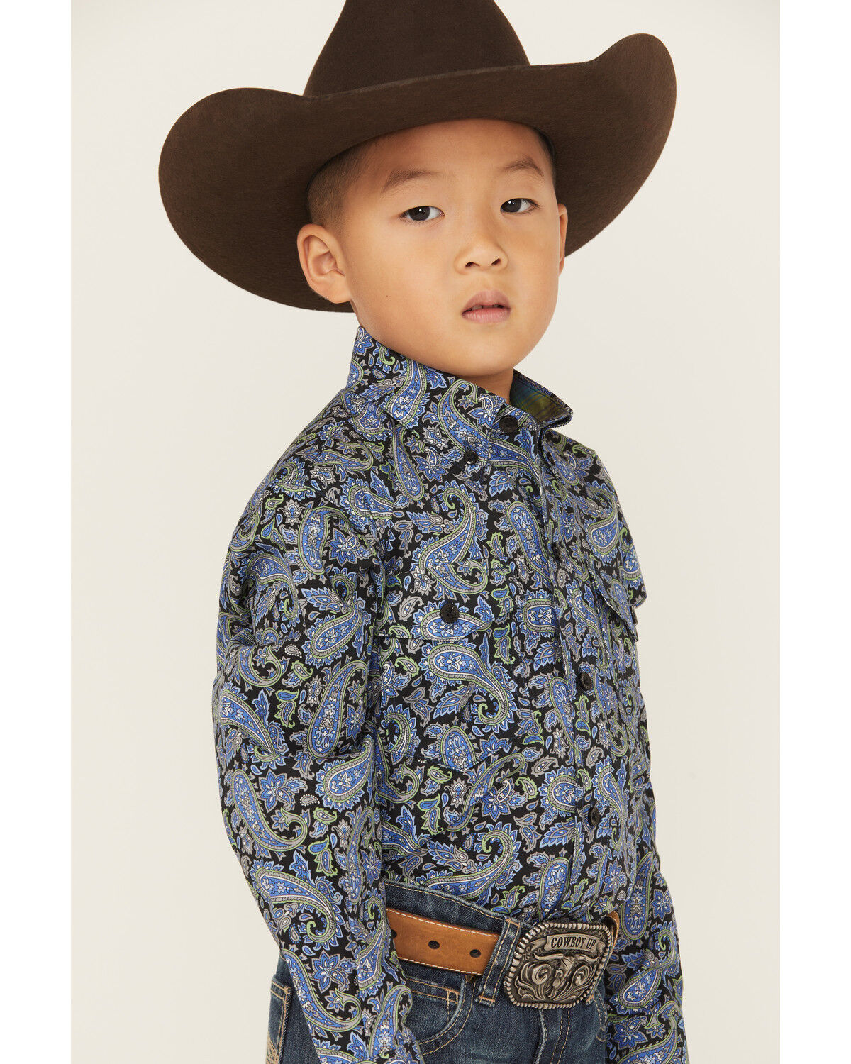 Image #3 - Roper Boys' Paisley Print Long Sleeve Button-Down Western Shirt, Blue, hi-res