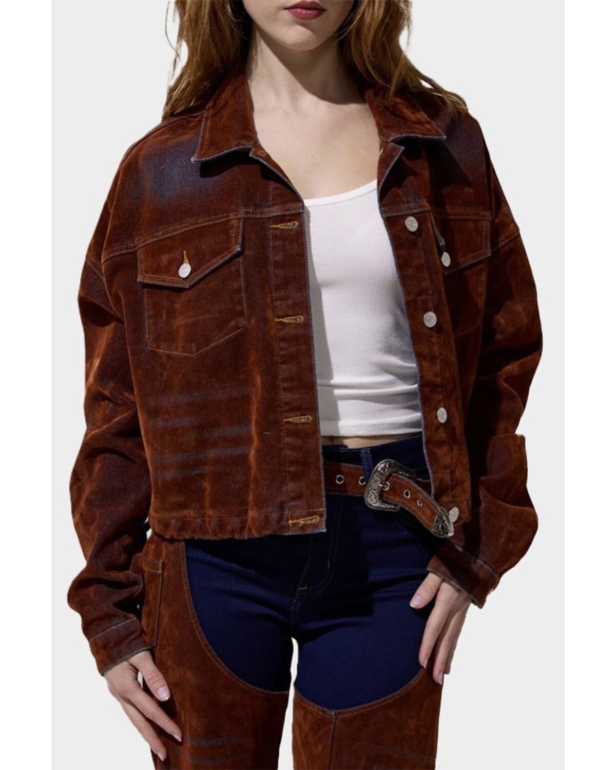 Azalea Wang Women's Velvet Button-Down Denim Jacket, Orange, hi-res