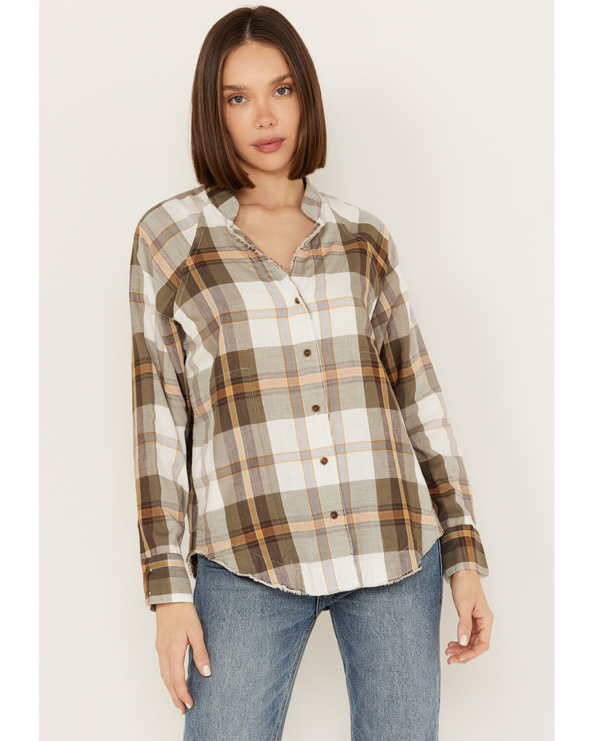 Image #2 - Cleo + Wolf Women's Raw Edge Raglan Sleeve Button Up Shirt, Cream, hi-res