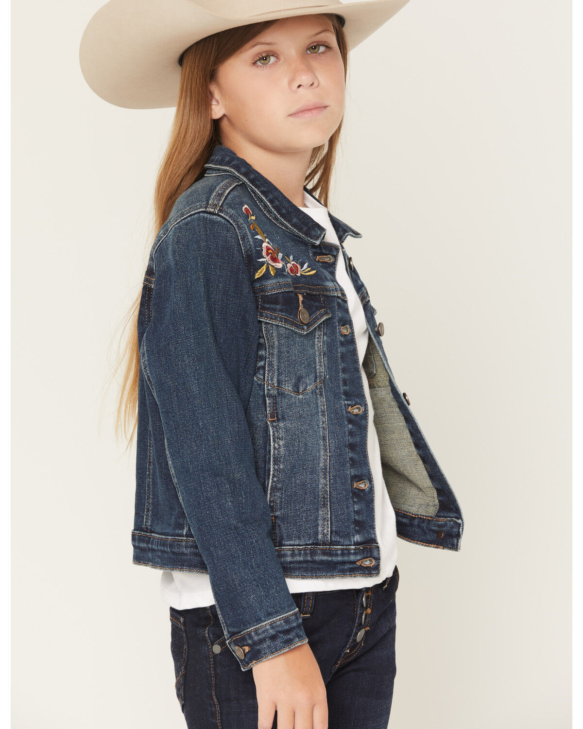 Image #2 - Shyanne Girls' Scout Floral Embroidered Denim Jacket, Dark Wash, hi-res