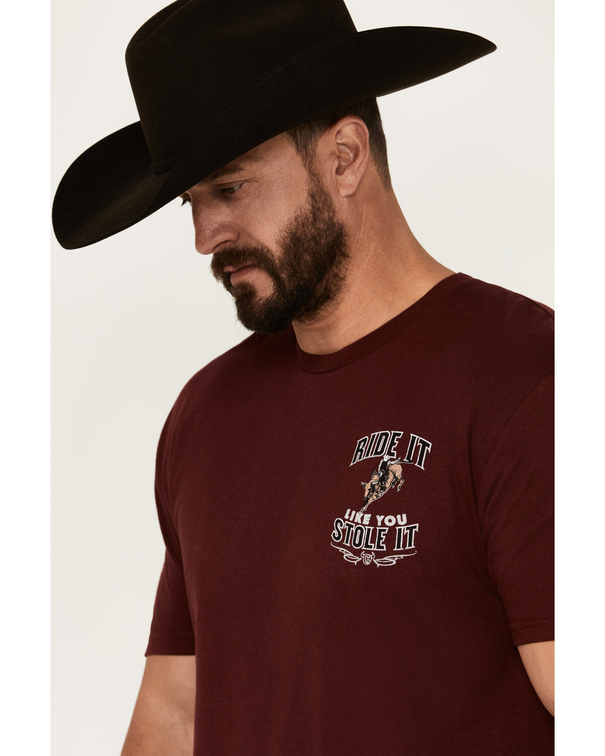 Image #3 - Cowboy Hardware Men's Boot Barn Exclusive Ride It Like You Stole It Short Sleeve Graphic T-Shirt, Maroon, hi-res