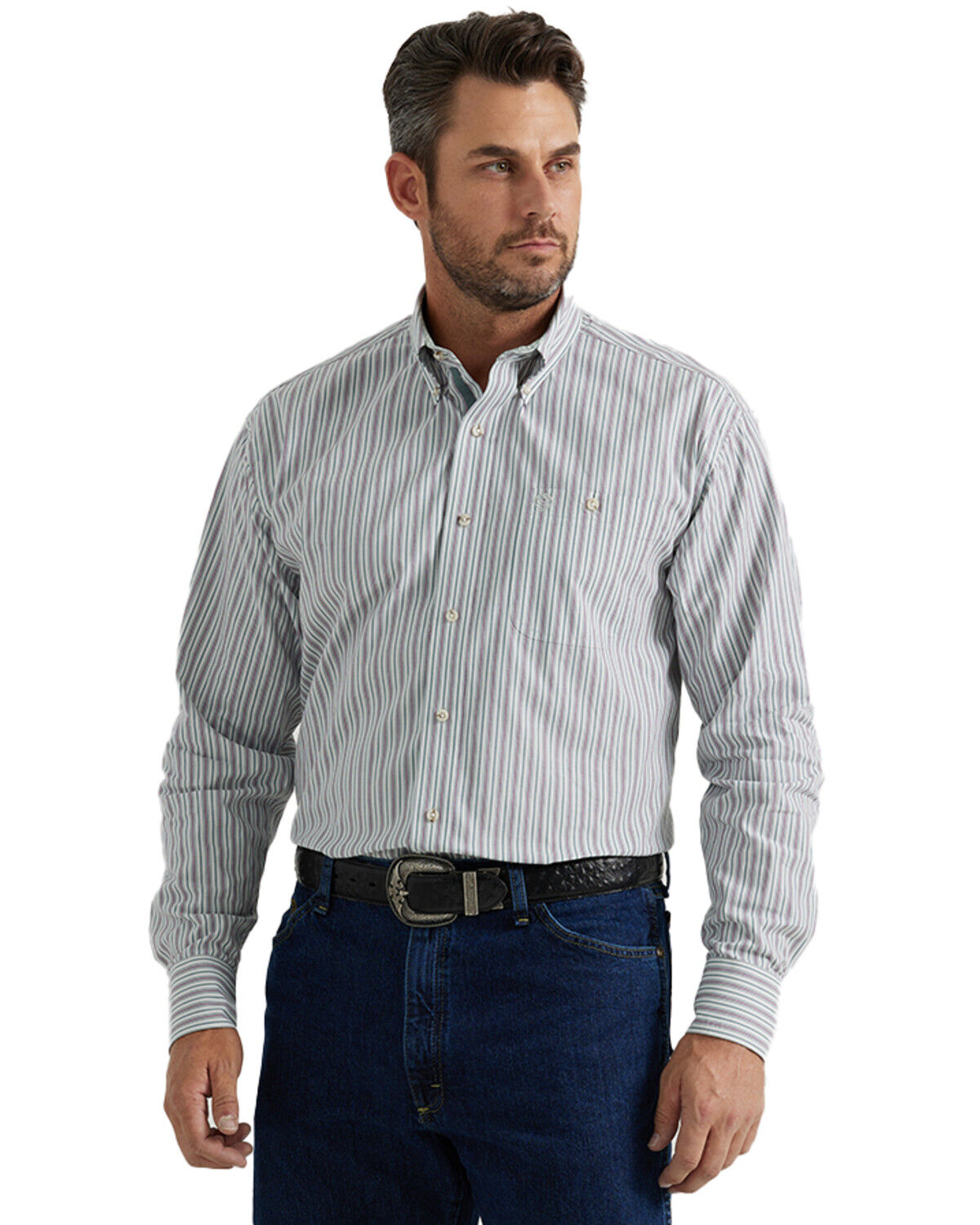 Image #1 - George Strait by Wrangler Men's Striped Print Long Sleeve Button-Down Stretch Western Shirt - Big, Light Grey, hi-res