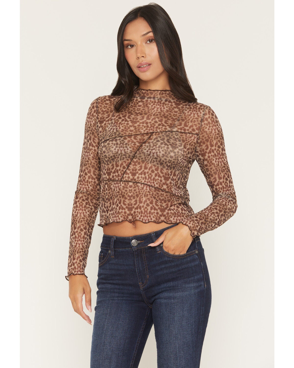 Panhandle Women's Boot Barn Exclusive Leo Leopard Print Long Sleeve Mesh Top, Brown, hi-res