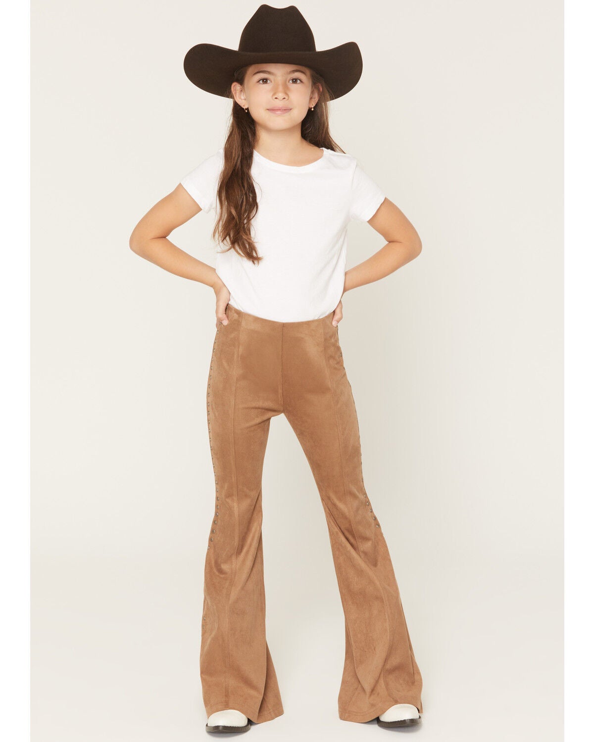 Shyanne Girls' Studded Side Seam Faux Suede Flare Pants, Coffee, hi-res