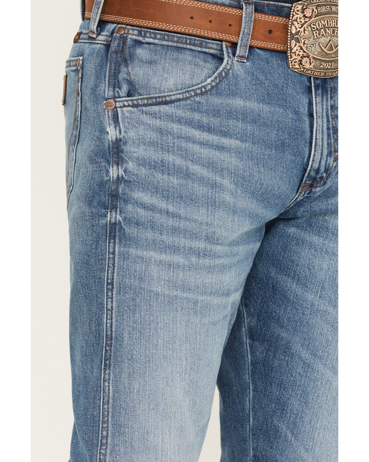 Image #2 - Wrangler Retro Men's 77MWP Medium Wash Slim Boot Stretch Premium Green Jeans, Light Medium Wash, hi-res