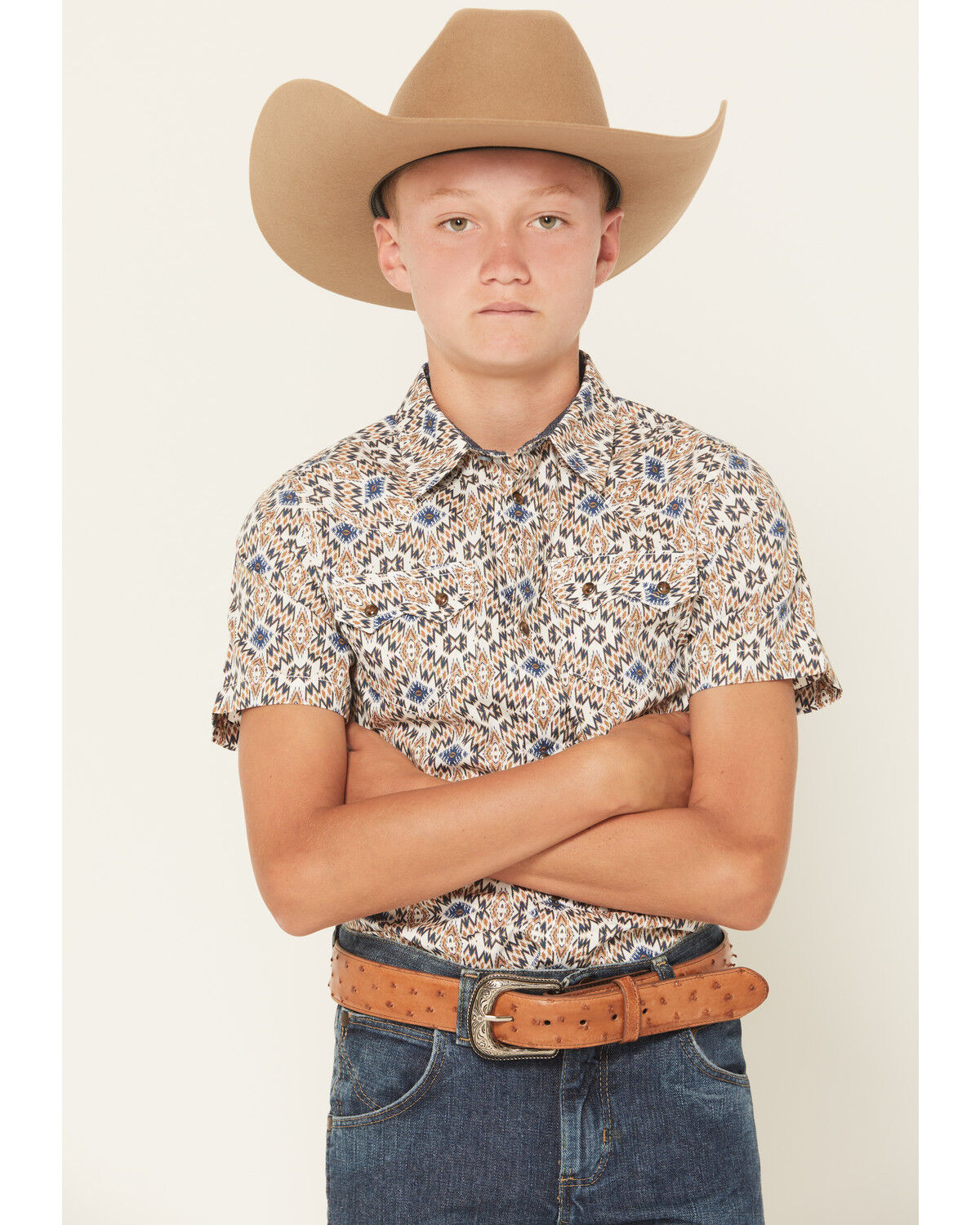 Image #1 - Cody James Boys' High Plains Southwestern Print Short Sleeve Snap Western Shirt, Tan, hi-res