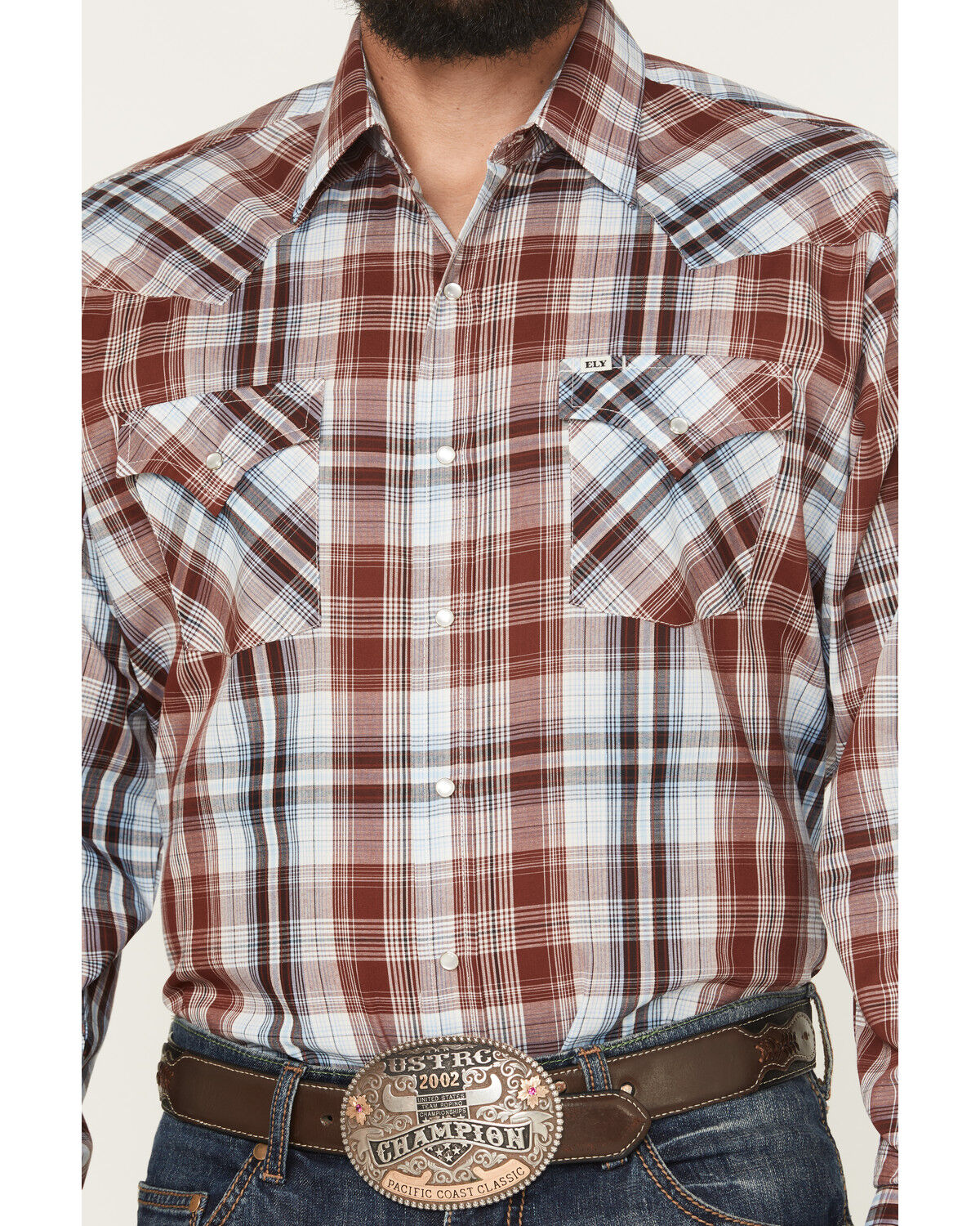 Image #3 - Ely Walker Men's Plaid Print Long Sleeve Pearl Snap Western Shirt - Tall, Burgundy, hi-res