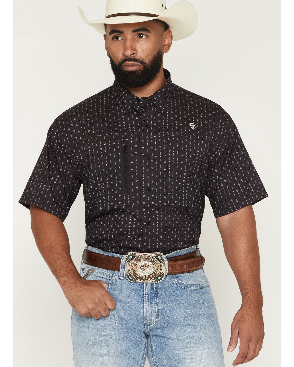 Image #1 - Ariat Men's Printed VentTEK Short Sleeve Button-Down Shirt, Black, hi-res
