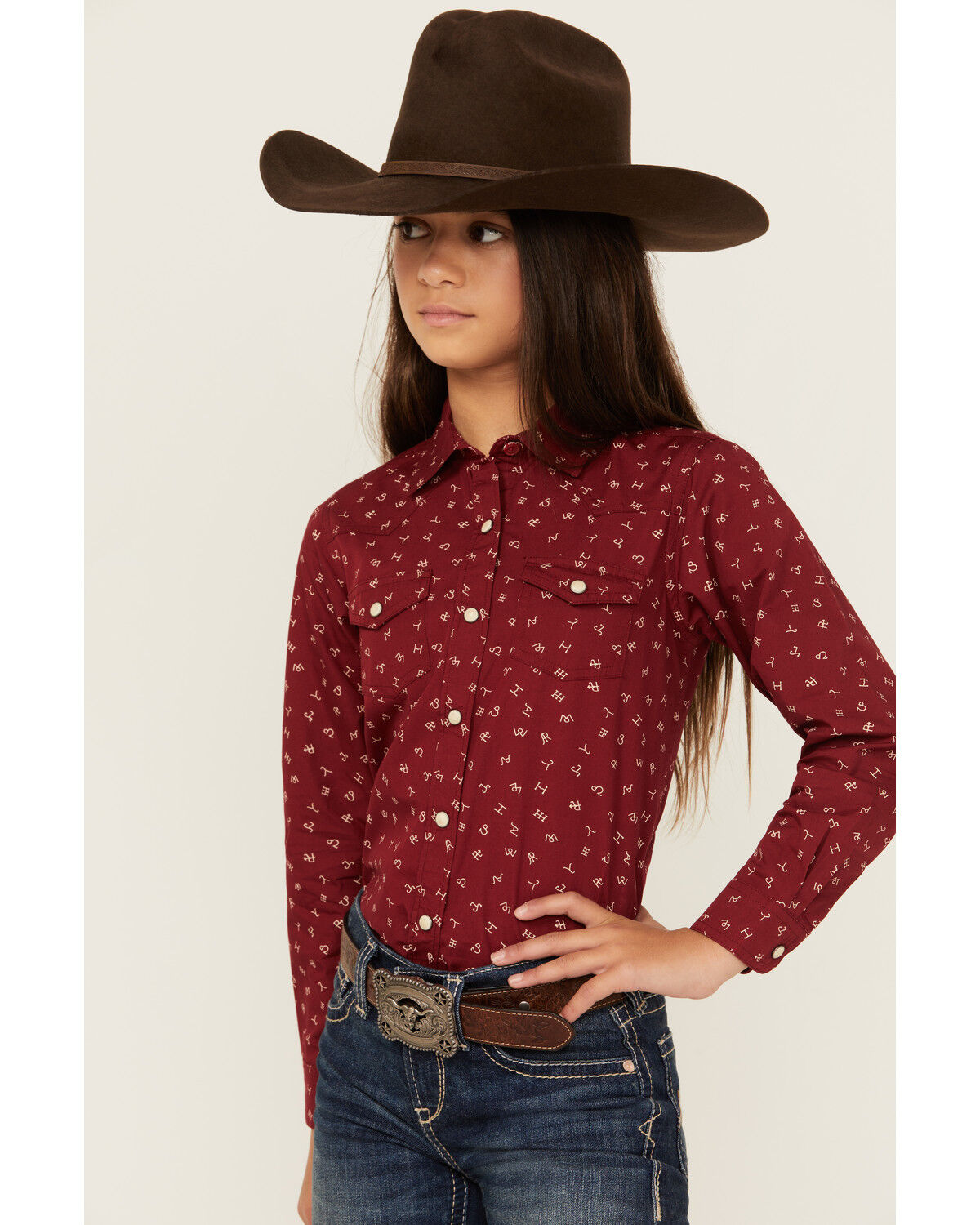 Image #2 - Ariat Girls' Conversation print Long Sleeve Pearl Snap Western Shirt, Red, hi-res