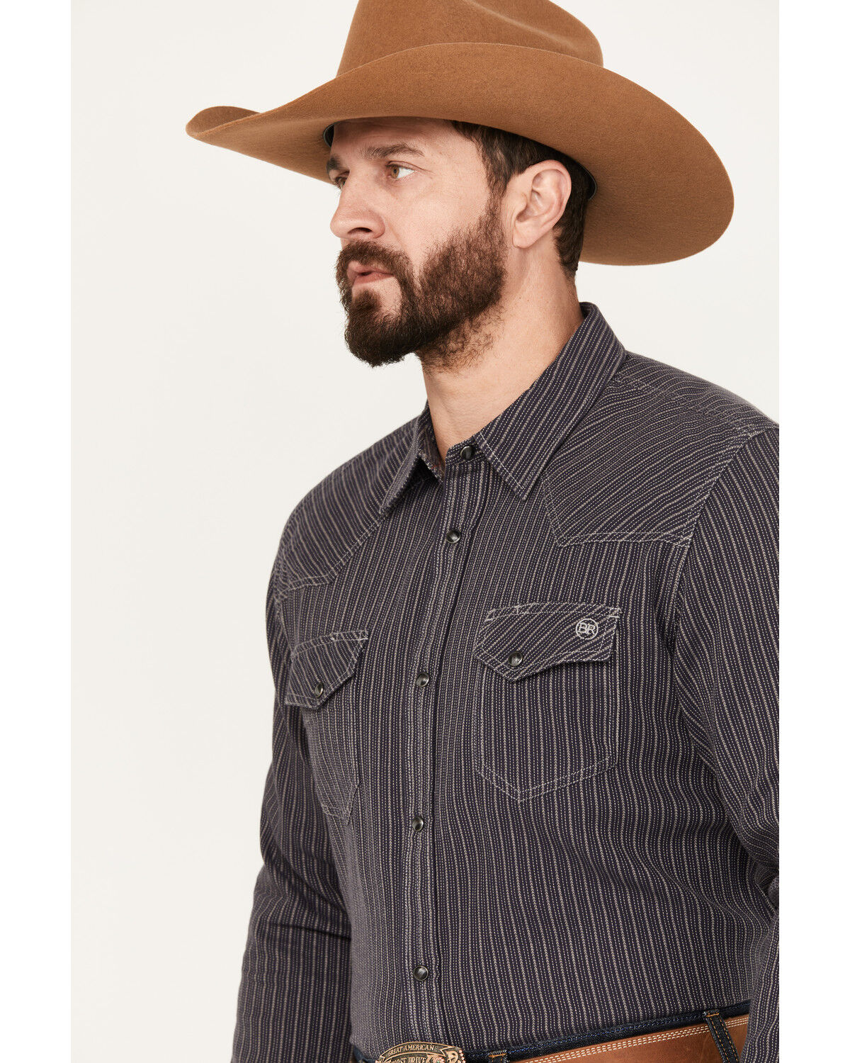 Image #2 - Blue Ranchwear Men's Laramie Striped Long Sleeve Western Snap Shirt, Dark Blue, hi-res