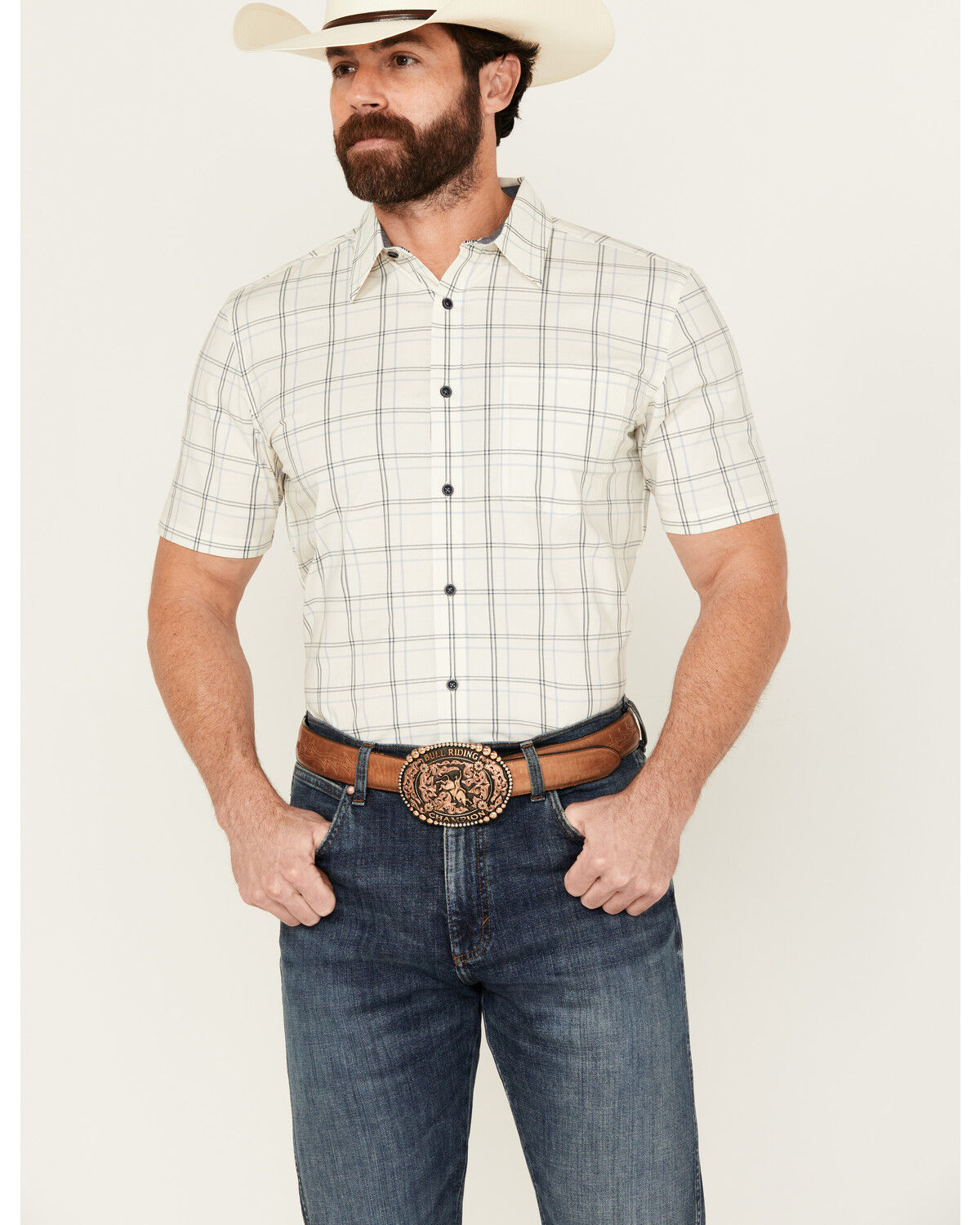 Image #1 - Cody James Men's Open Field Plaid Print Short Sleeve Button-Down Stretch Western Shirt, Ivory, hi-res