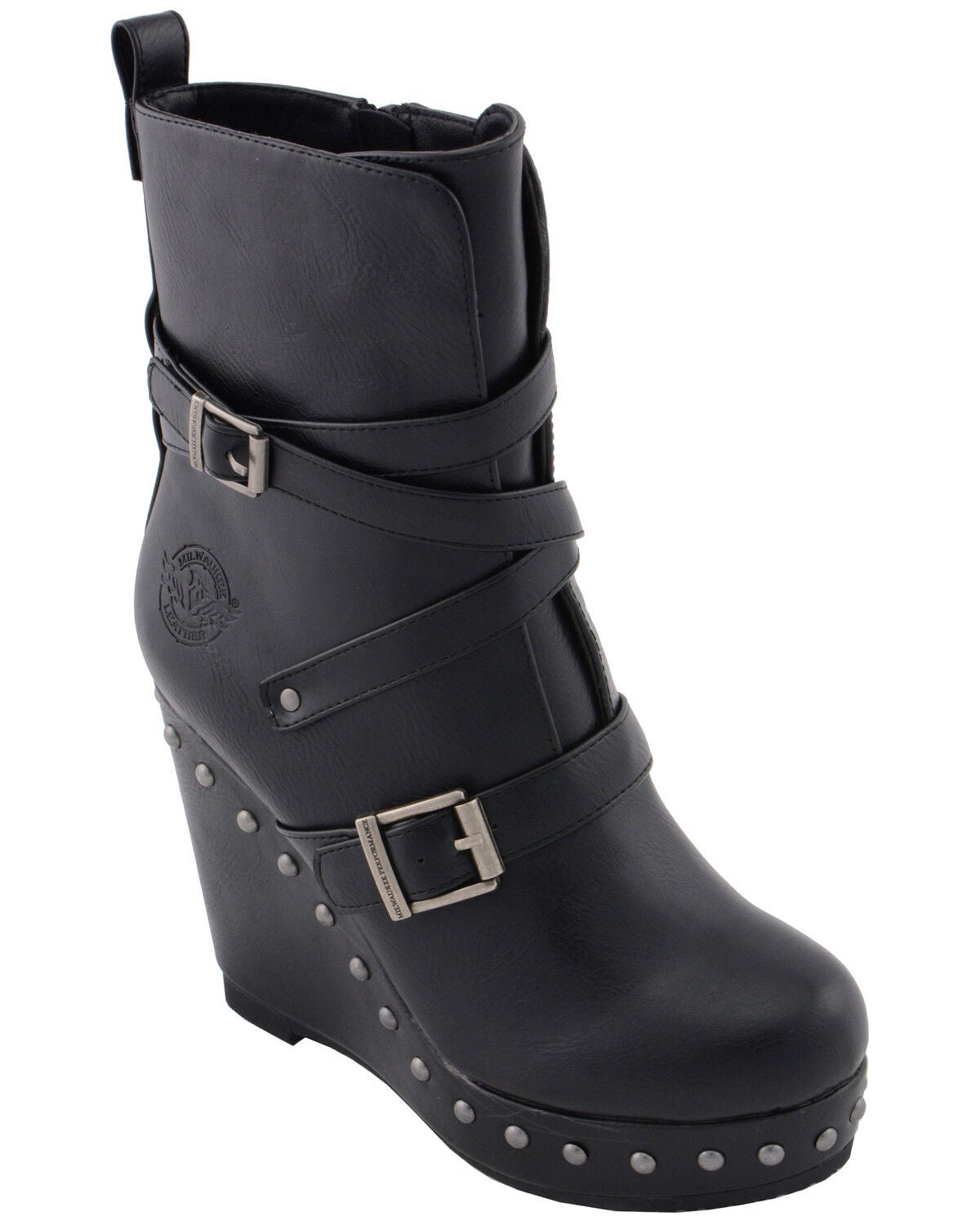 Image #1 - Milwaukee Leather Women's Triple Strap Wedge Boots - Round Toe, Black, hi-res