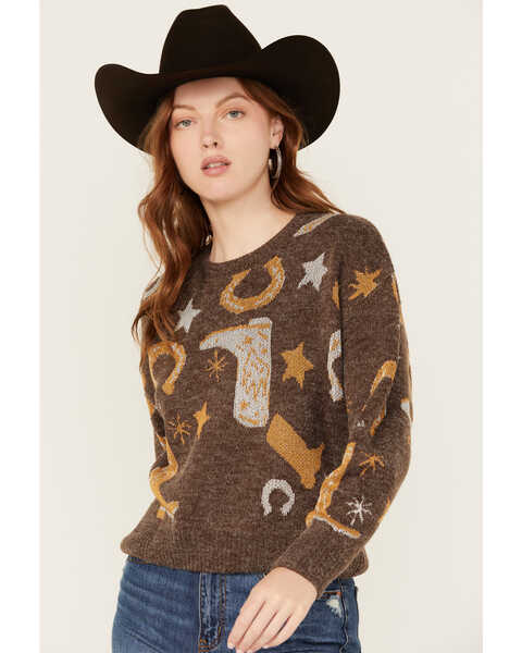 Image #1 - Cotton & Rye Women's Boots and Horseshoe Metallic Sweater , Brown, hi-res