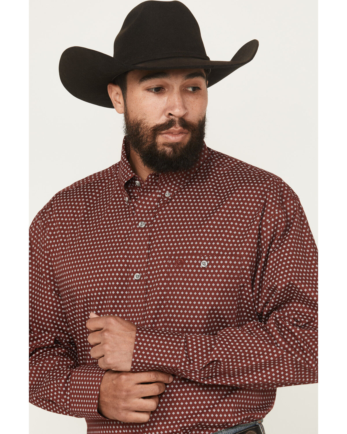 Image #2 - George Strait by Wrangler Men's Medallion Print Long Sleeve Button-Down Stretch Western Shirt, Wine, hi-res