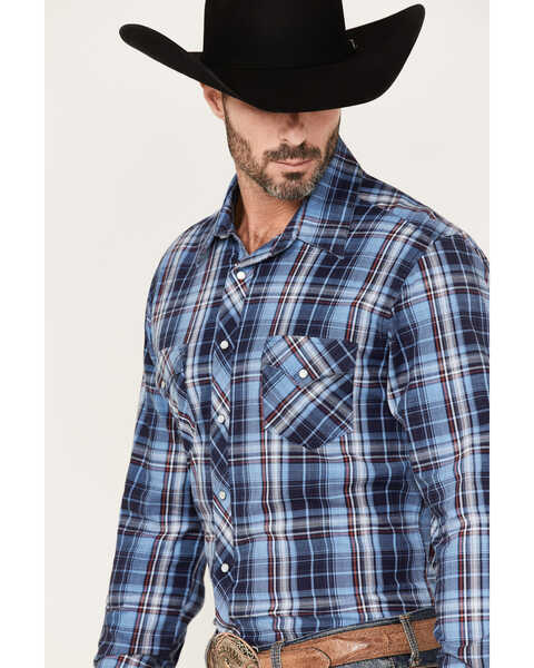 Image #2 - Rock & Roll Denim Men's Medium Plaid Stretch Long Sleeve Pearl Snap Shirt, Blue, hi-res