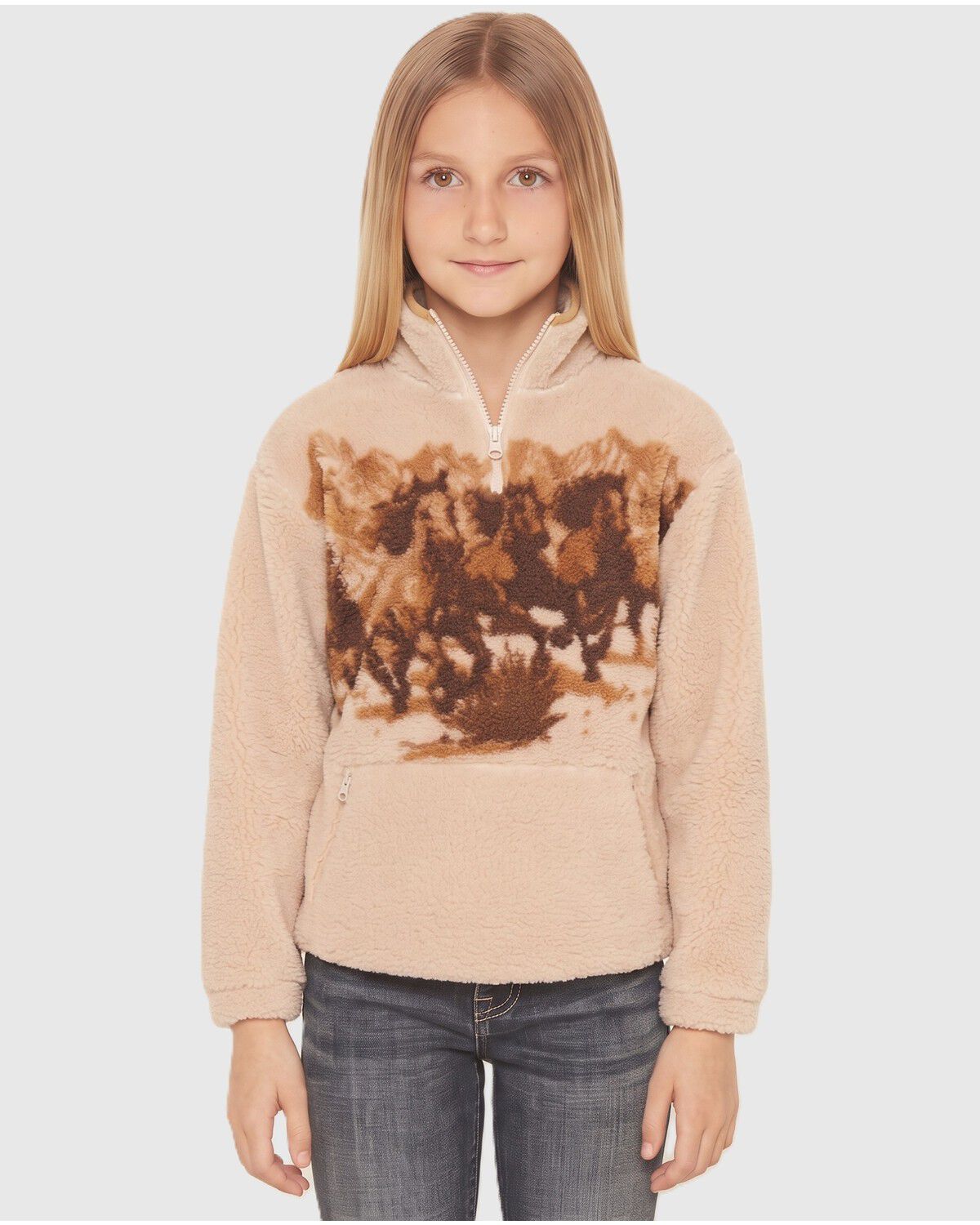 Rock & Roll Denim Girls' Horse Sherpa 1/4 Zip Pullover, Natural, hi-res