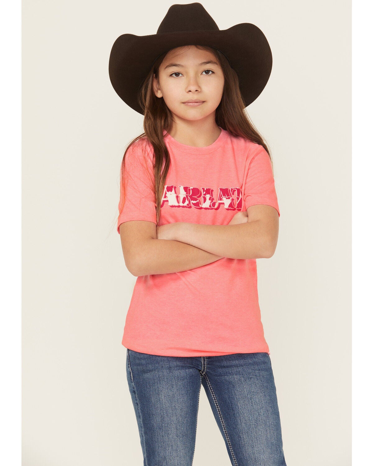 Ariat Girls' Boot Barn Exclusive Cowhide Logo Short Sleeve Graphic Tee, Pink, hi-res