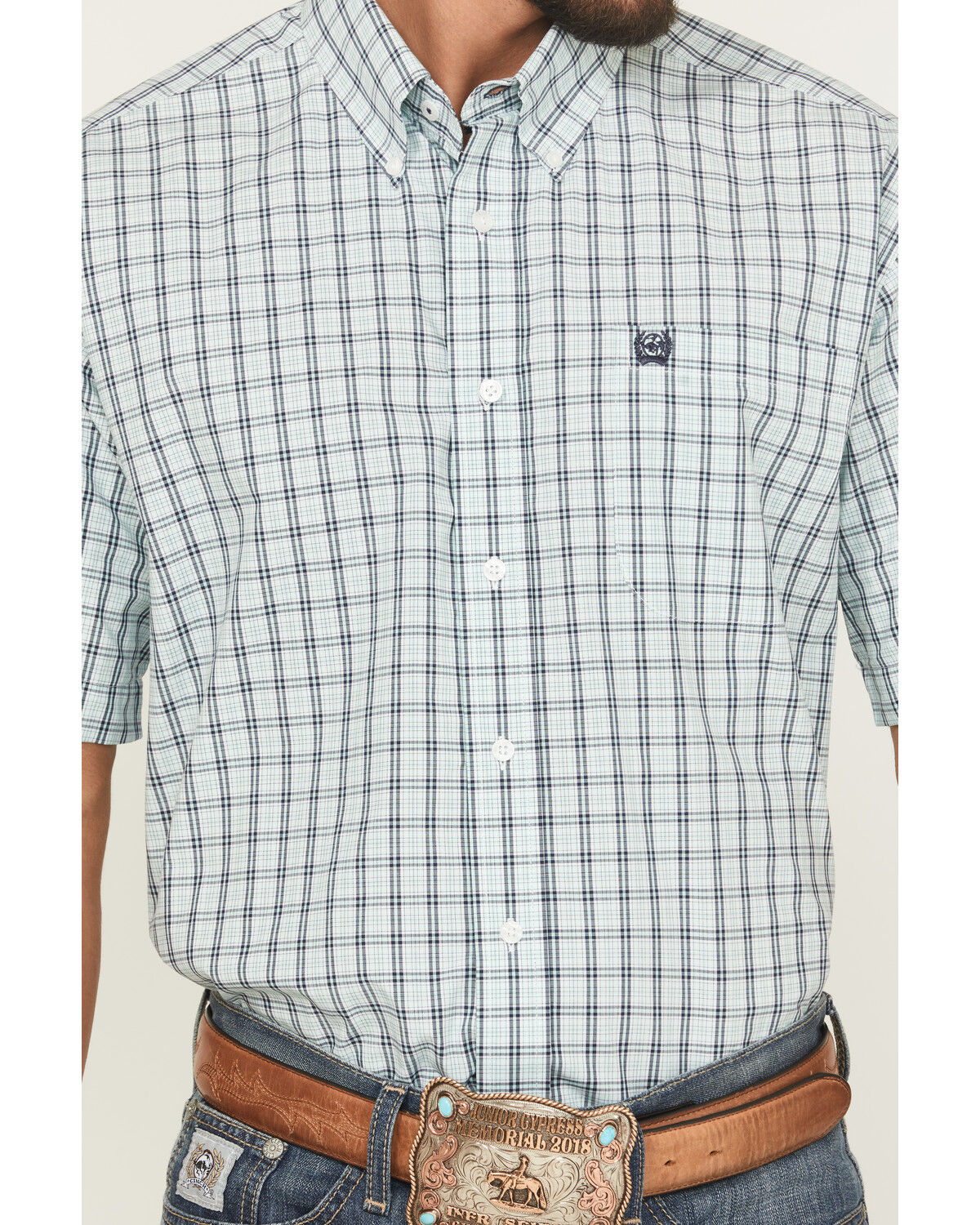 Image #3 - Cinch Men's Plaid Print Short Sleeve Button-Down Western Shirt, Turquoise, hi-res