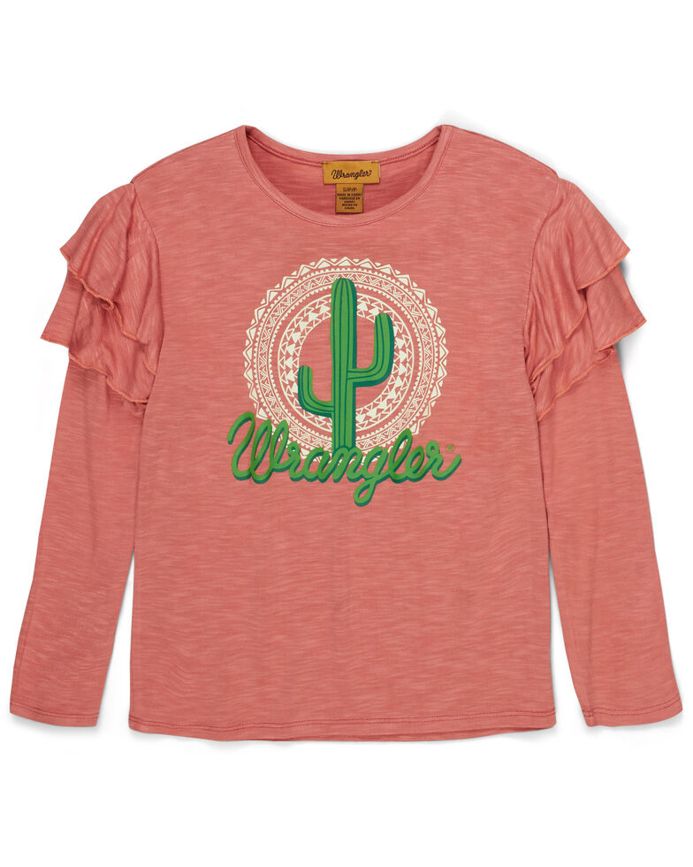 Wrangler Girls' Pink Cactus Logo Long Ruffle Sleeve Top , Pink, hi-res