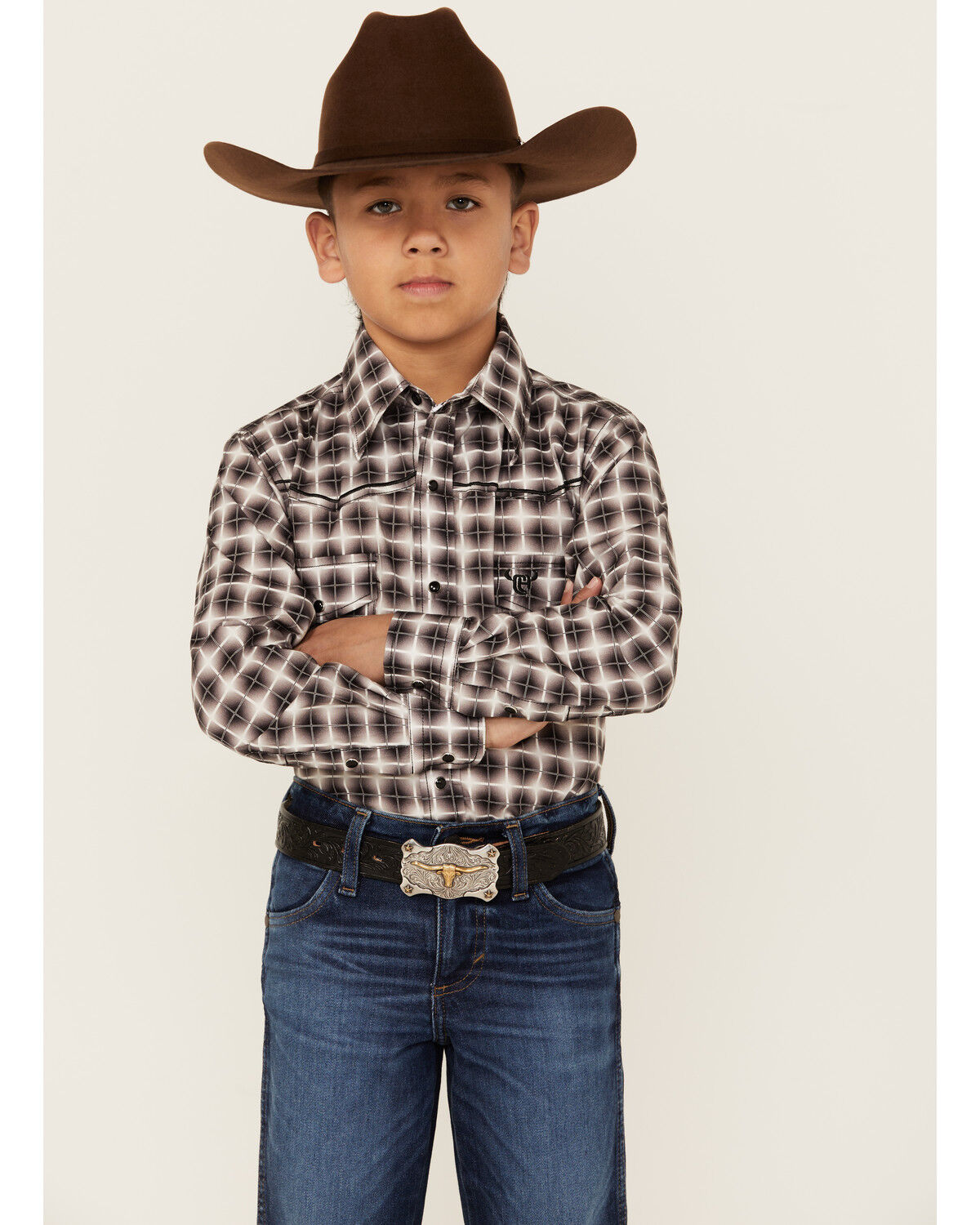 Image #1 - Cowboy Hardware Boys' Plaid Print Long Sleeve Snap Stretch Western Shirt, Black, hi-res