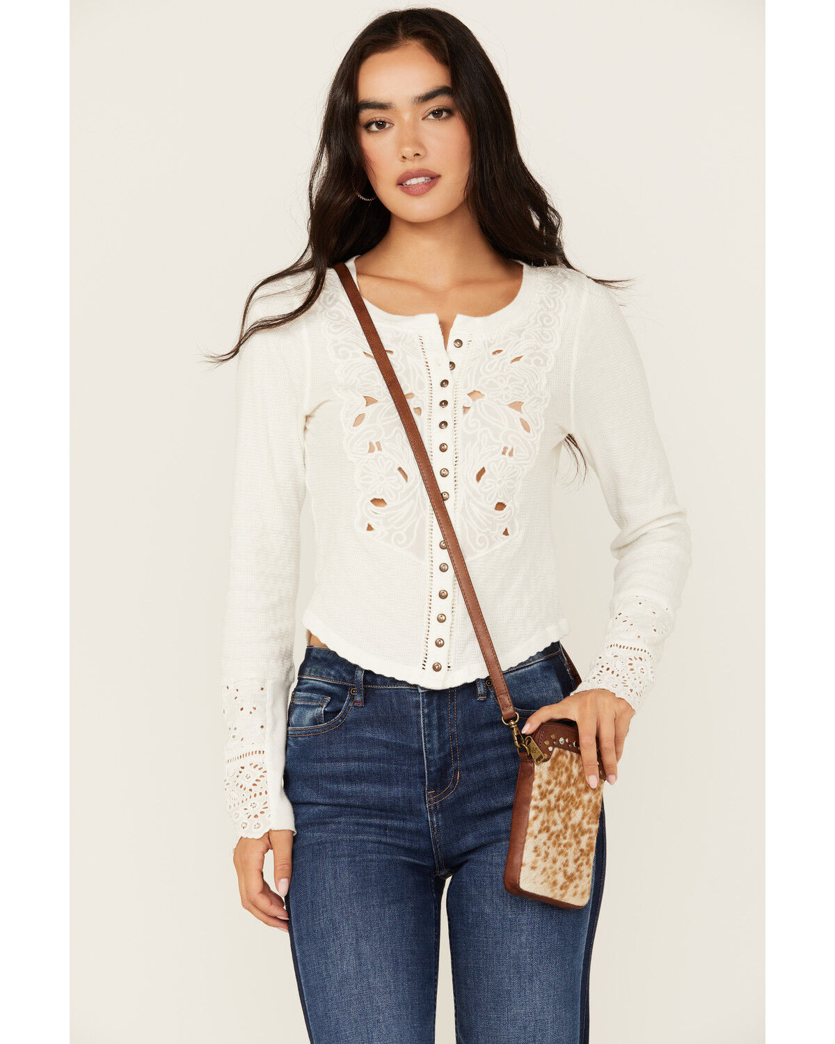 Image #1 - Shyanne Women's Studded Tooled Crossbody Phone Bag, Brown, hi-res