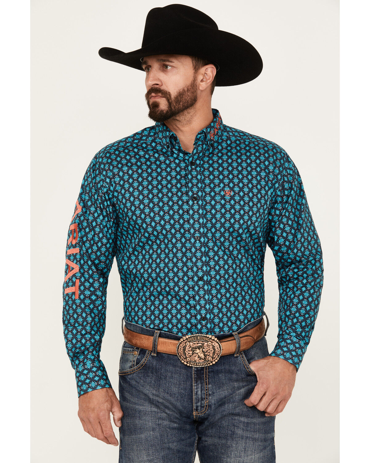 Image #1 - Ariat Men's Team Case Print Long Sleeve Button-Down Western Shirt, Turquoise, hi-res