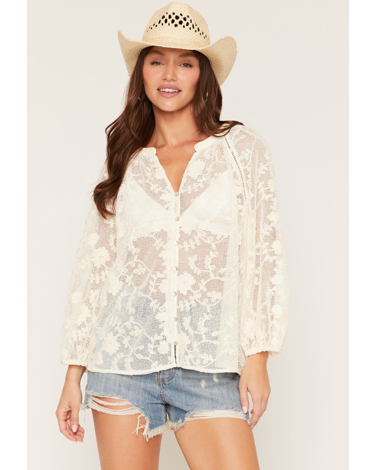 Lovestitch Women's Embroidered Lace 3/4 Sleeve Peasant Top, Natural, hi-res