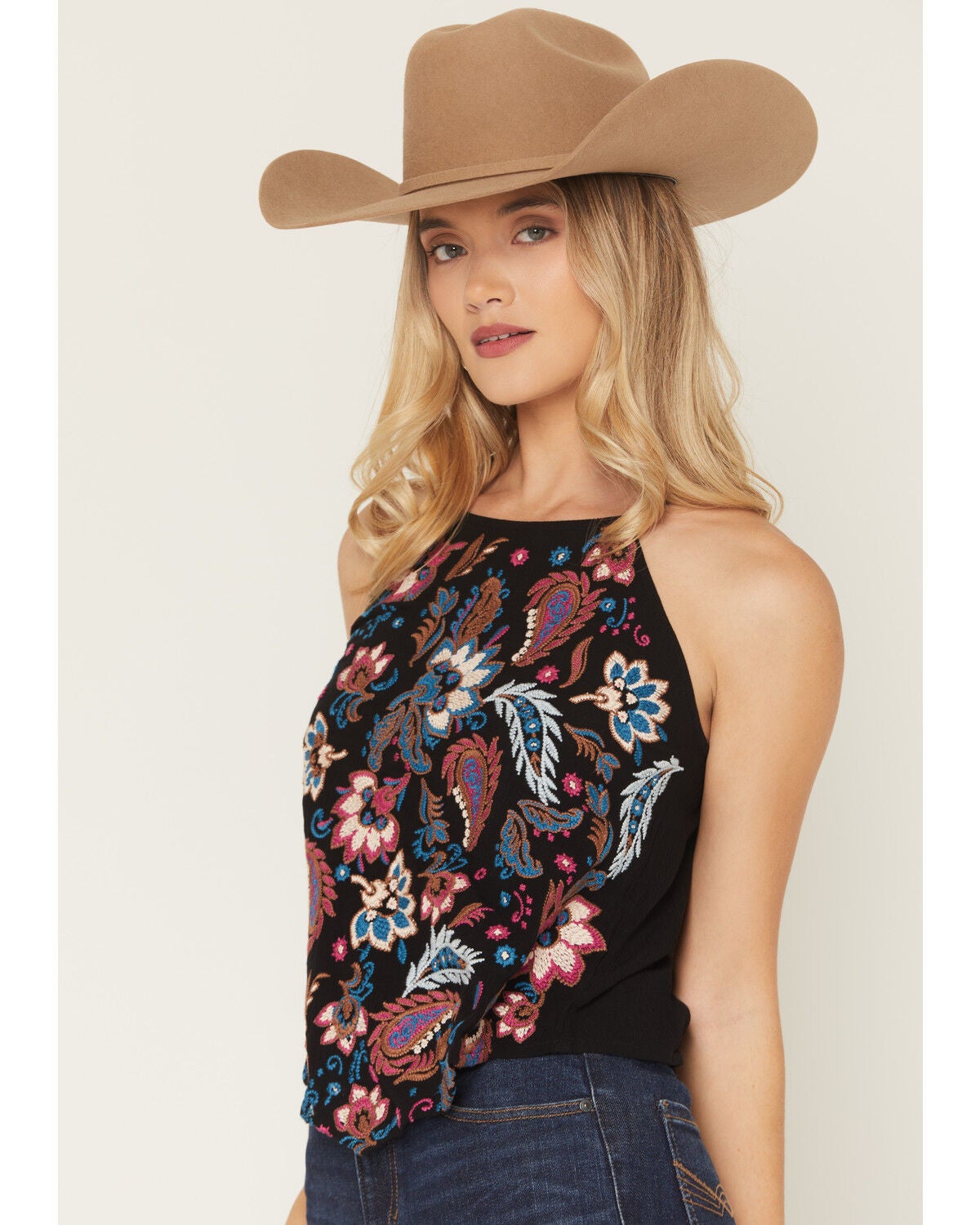 Image #2 - Idyllwind Women's Floral Haze Embroidered Crinkle Tank Top, Black, hi-res