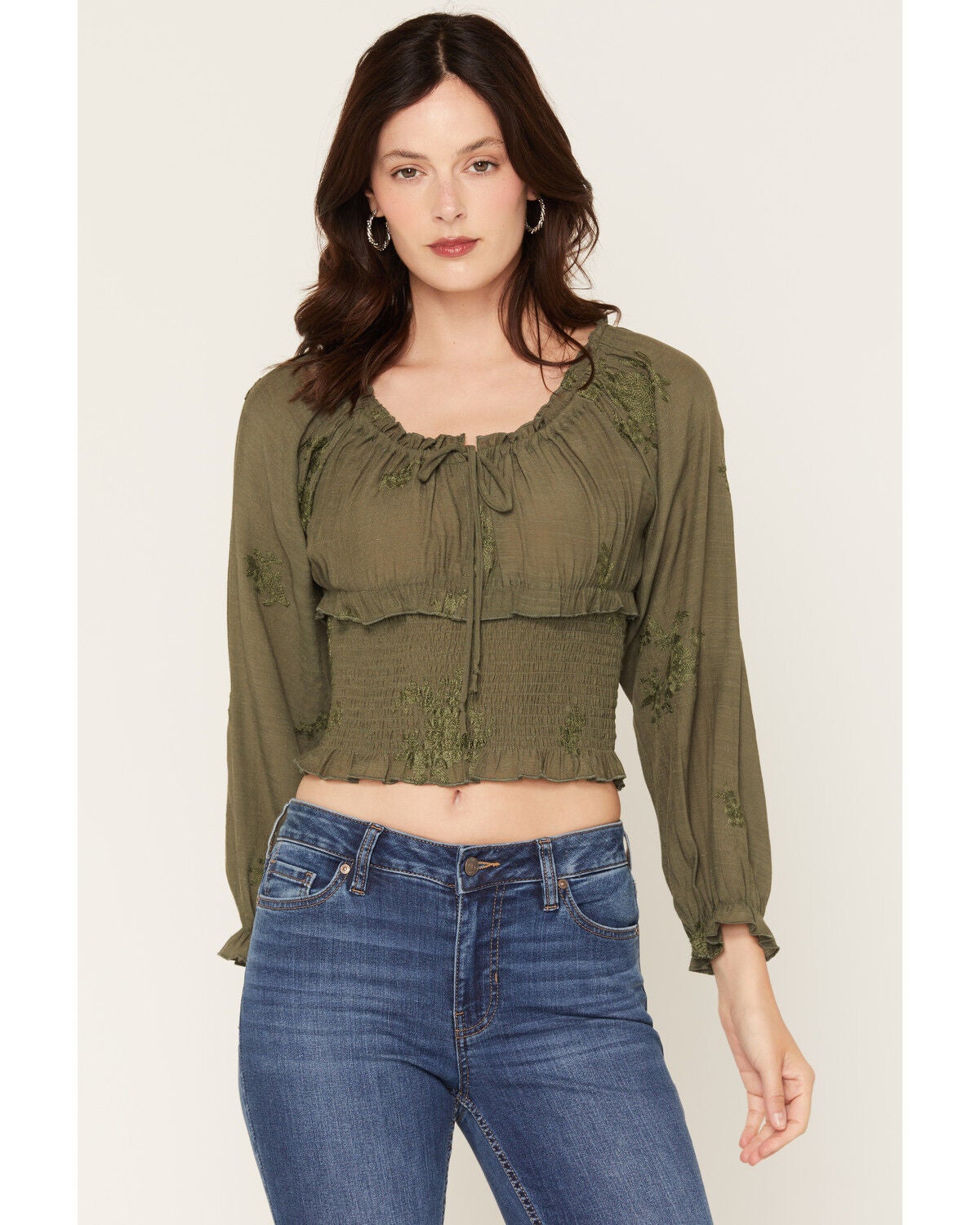 Wild Moss Women's Smocked Bottom Long Sleeve Top, Olive, hi-res