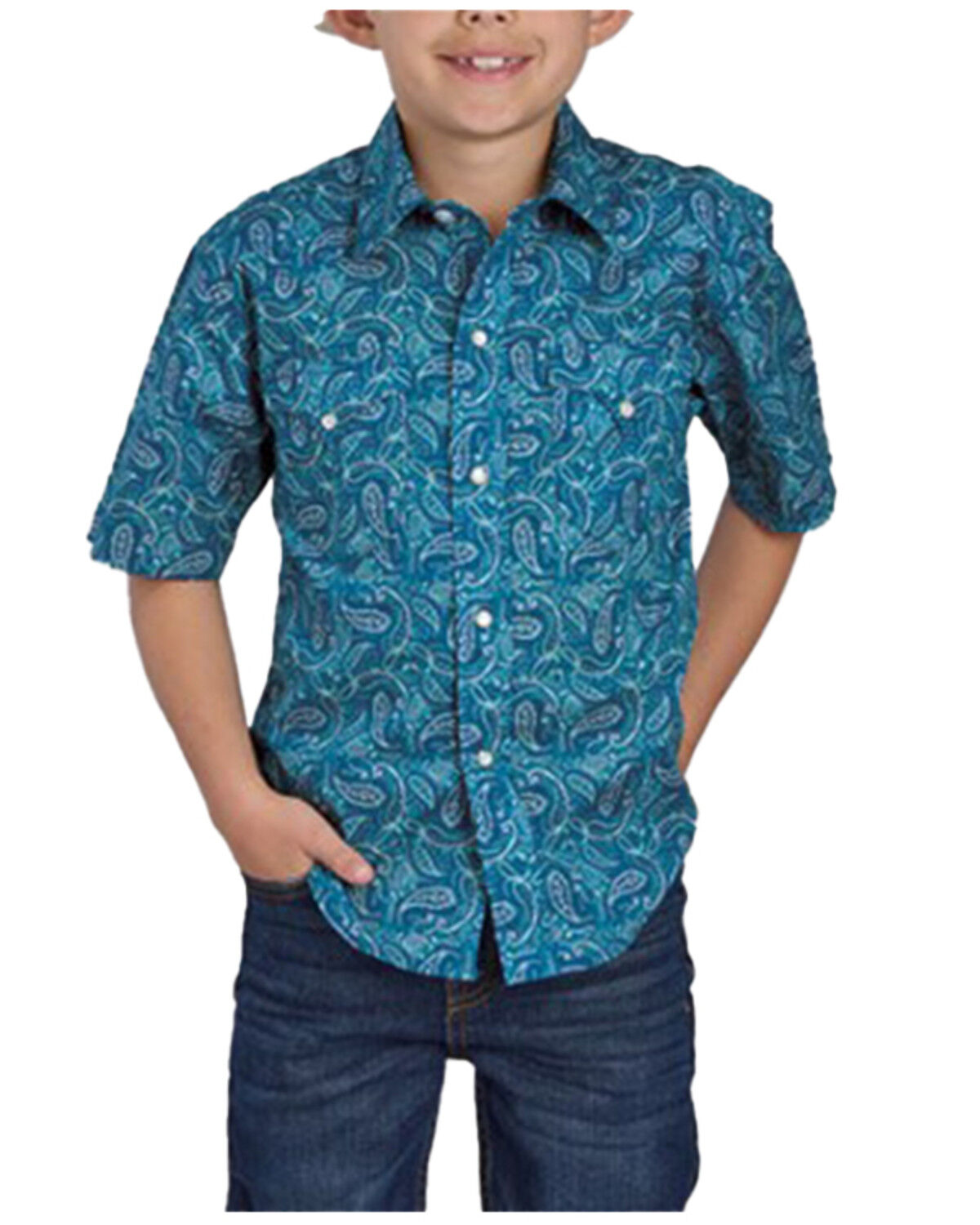 Image #1 - Roper Boys' Paisley Print Short Sleeve Snap Western Shirt, Blue, hi-res