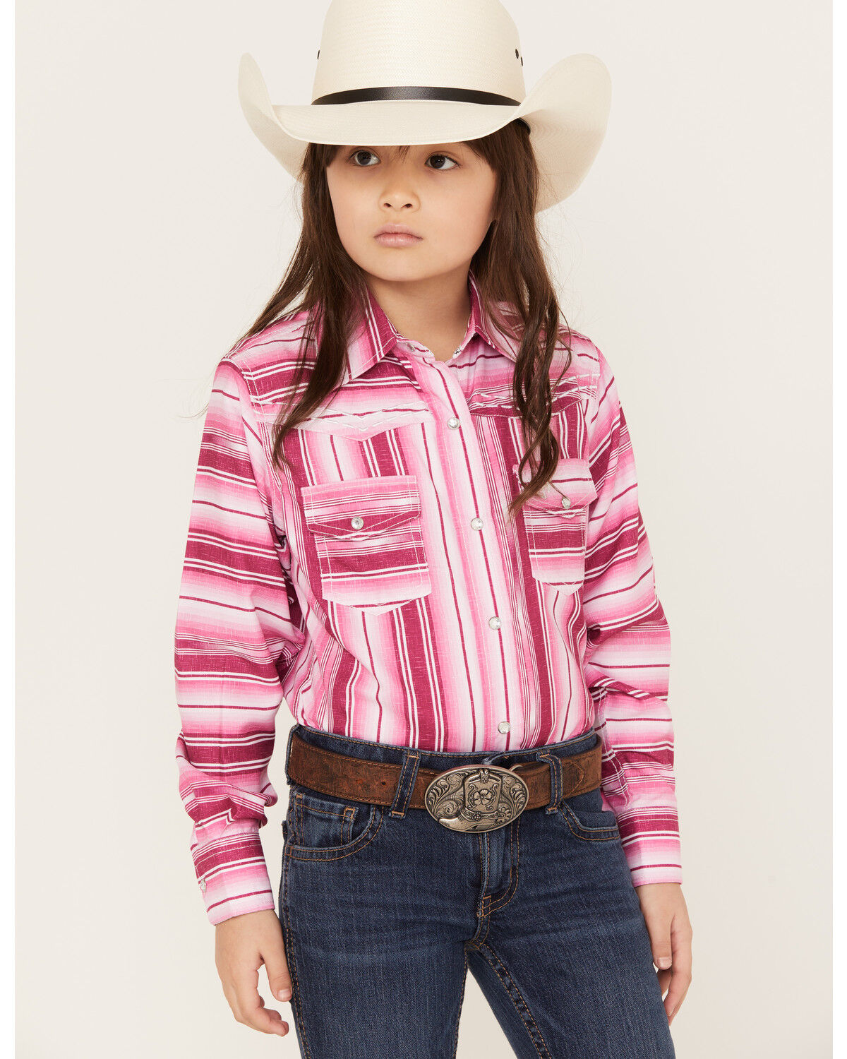 Image #1 - Cowgirl Hardware Girls' Serape Stripe Print Long Sleeve Pearl Snap Western Shirt, Pink, hi-res