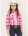 Image #1 - Cowgirl Hardware Girls' Serape Stripe Print Long Sleeve Pearl Snap Western Shirt, Pink, hi-res