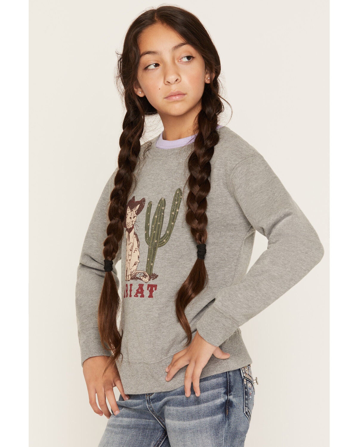 Image #2 - Ariat Girls' Sassy Cat Sweatshirt, Grey, hi-res