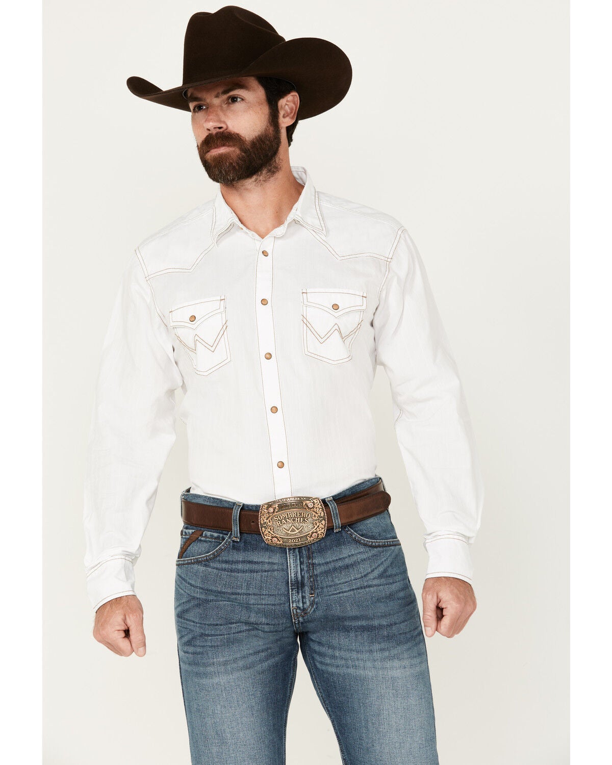 Wrangler Retro Premium Men's Solid Long Sleeve Snap Western Shirt, White, hi-res
