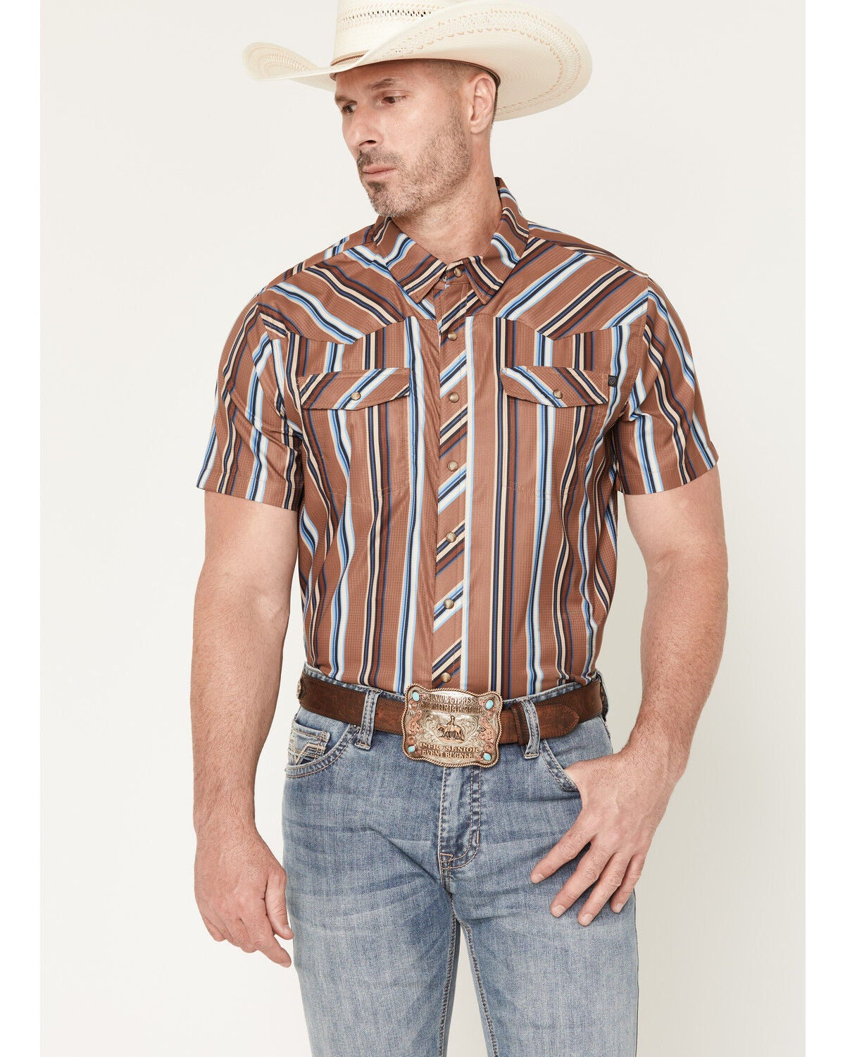 Image #1 - Rock & Roll Denim TEK Striped Short Sleeve Snap Performance Western Shirt, Camel, hi-res