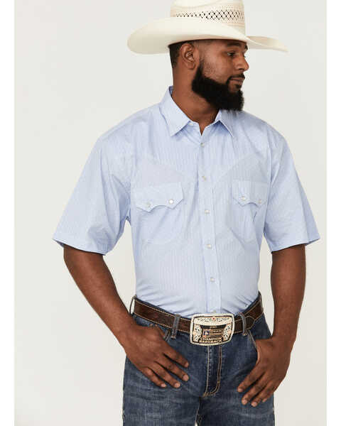 Resistol Men's Destin All-Over Print Short Sleeve Pearl Snap Western Shirt , Blue, hi-res