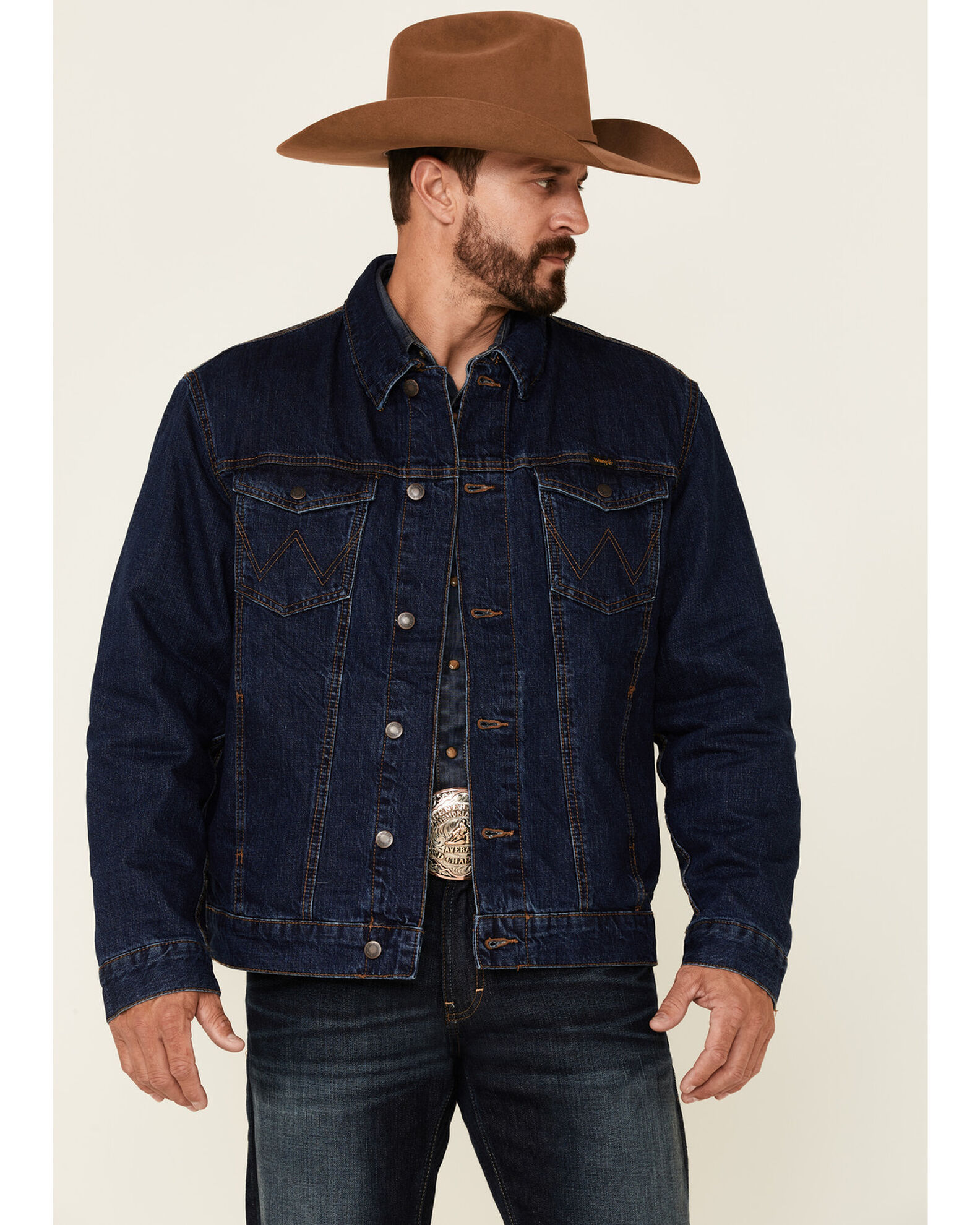Wrangler Men's Rodeo Dark Wash Lined Stripe Button-Front Denim Jacket