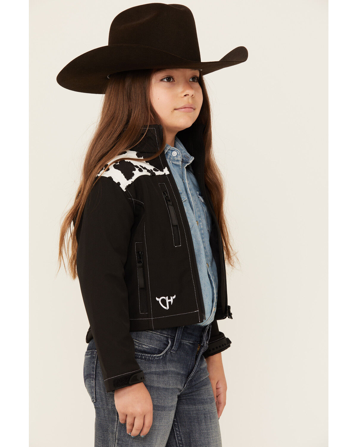 Image #2 - Cowgirl Hardware Girls' Cow Print Yoke Poly Shell Jacket, Black, hi-res