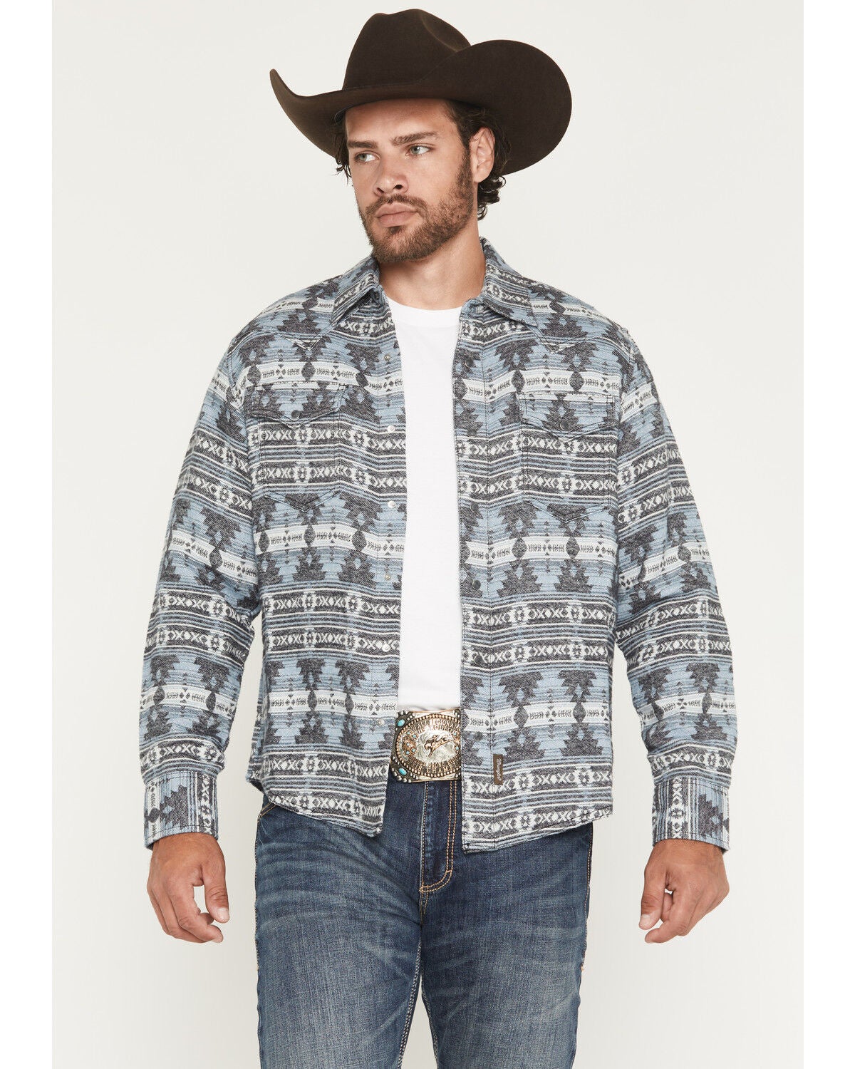 Wrangler Retro Men's Southwestern Print Long Sleeve Snap Shirt Jacket, Blue, hi-res