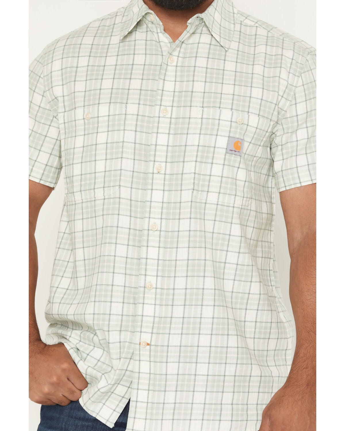 Image #3 - Carhartt Men's Bozeman Rugged Flex&reg; Relaxed Fit Plaid Print Short Sleeve Button-Down Work Shirt, Teal, hi-res