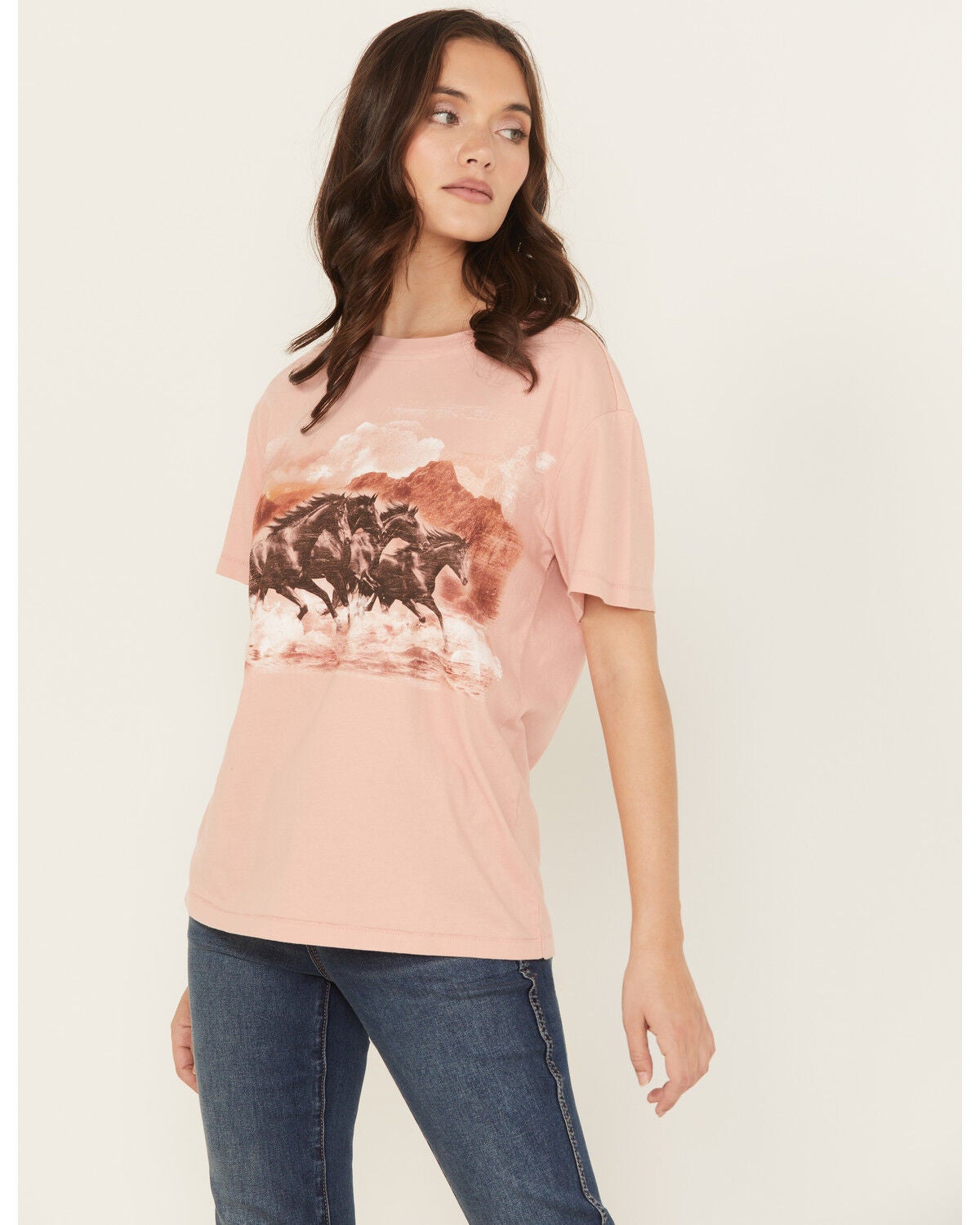 Shyanne Women's Running Horses Short Sleeve Graphic Tee, Light Pink, hi-res