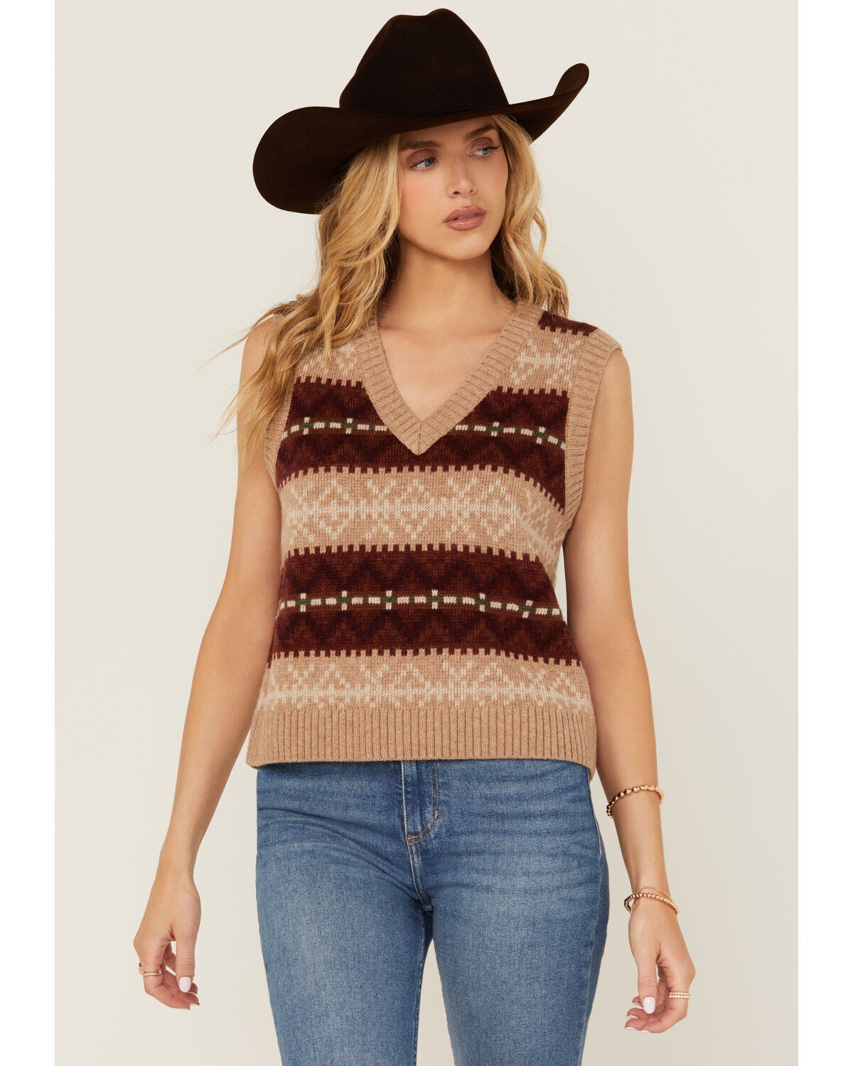 Pendleton Women's Striped Sweater Vest, Tan, hi-res