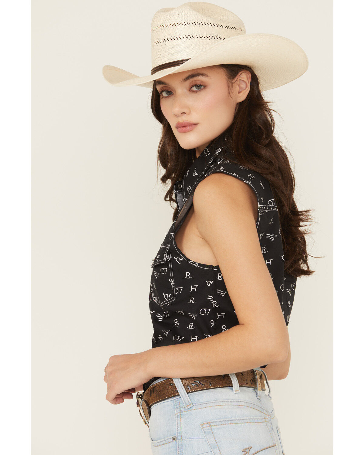 Image #2 - Cowgirl Hardware Women's Branded Print Sleeveless Rhinestone Snap Stretch Western Shirt, Black, hi-res