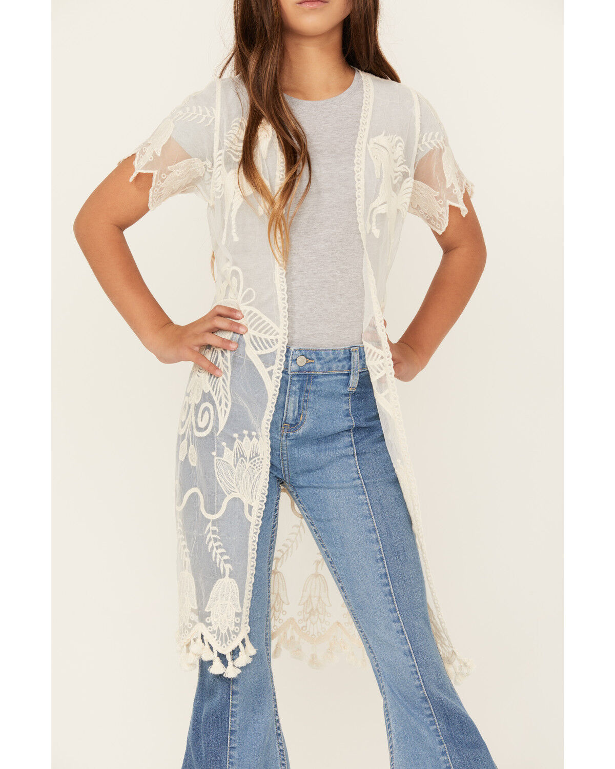 Image #3 - Shyanne Girls' Yee Haw Embroidered Lace Kimono, Cream, hi-res
