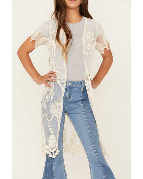 Image #3 - Shyanne Girls' Yee Haw Embroidered Lace Kimono , Cream, hi-res