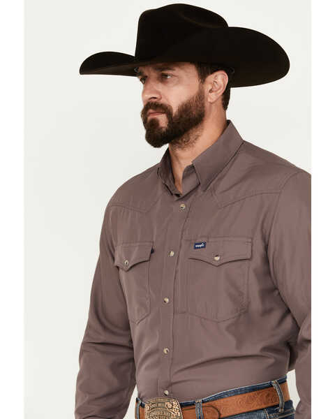 Image #3 - Wrangler Men's Solid Long Sleeve Performance Snap Western Shirt, Brown, hi-res