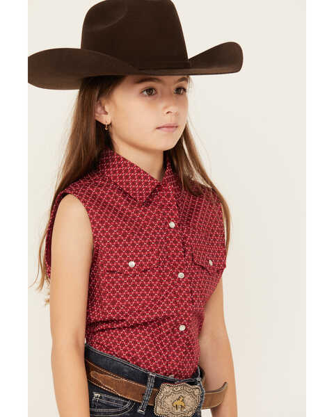 Image #2 - Ely Walker Girls' Geo Print Sleeveless Pearl Snap Western Shirt, Red, hi-res