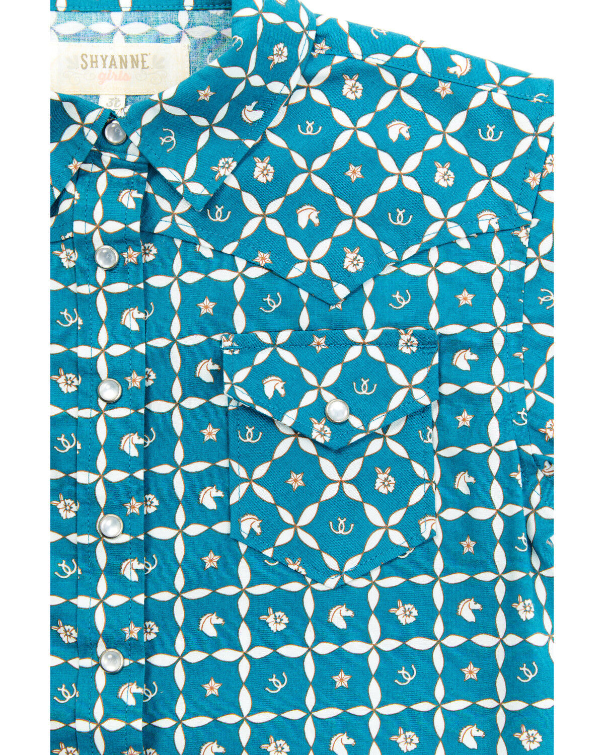 Image #2 - Shyanne Toddler Girls' Rodeo Print Short Sleeve Pearl Snap Shirt, Teal, hi-res